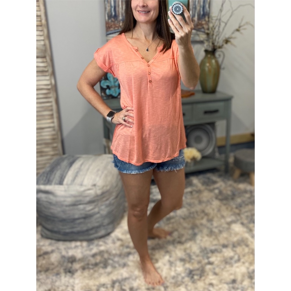 Melange Henley V-neck Floaty Cuffed Tabbed Short Sleeve Floaty Tee Peach 0523 - Picture 12 of 12